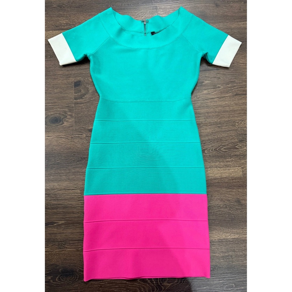 BCBG MAXAZRIA Kisha Dress Womens Teal Hot Pink Colorblock Y2K Bodycon M